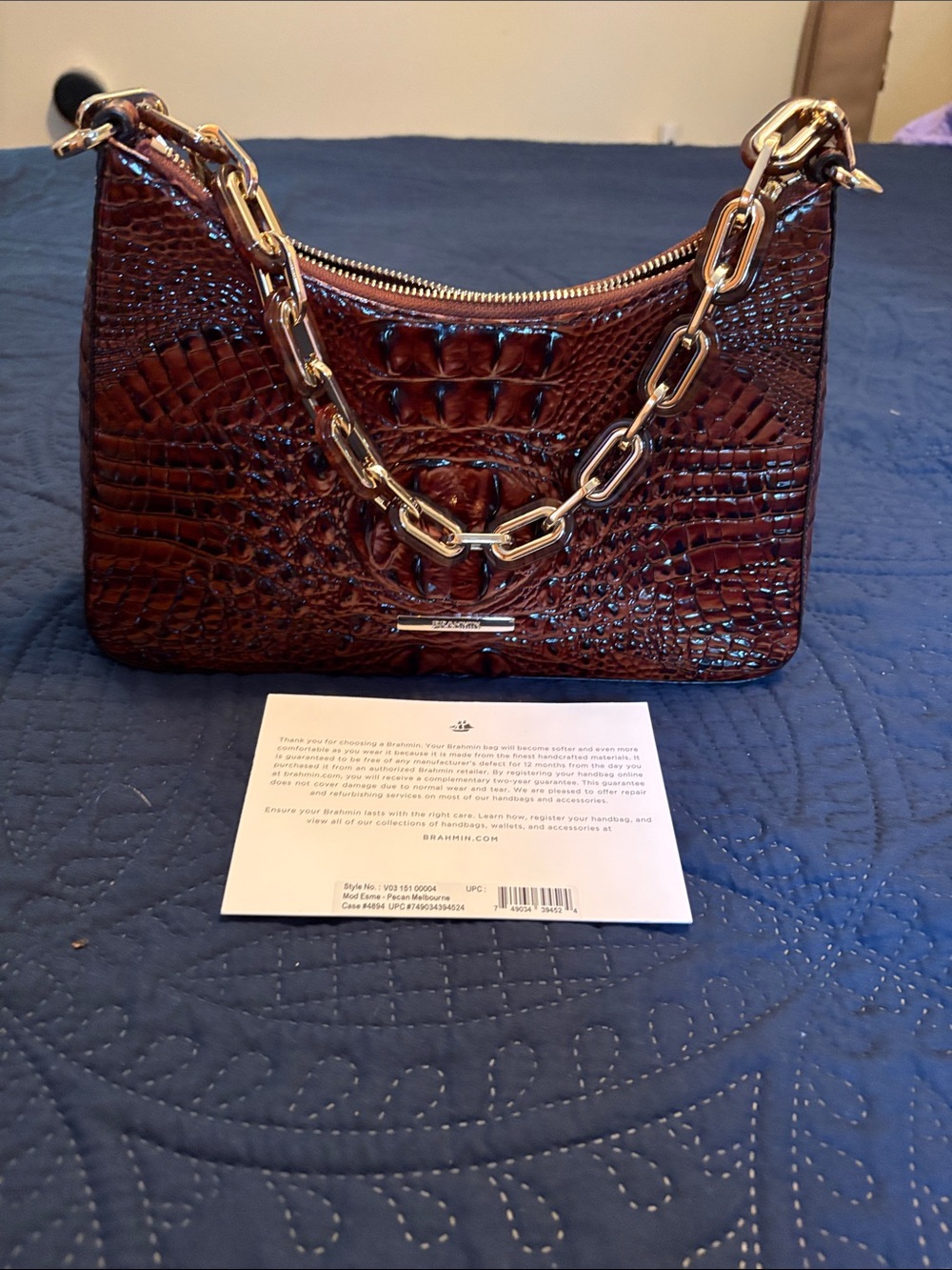 Brahmin Croc-Embossed Dark Brown Shoulder Bag with Gold Chain